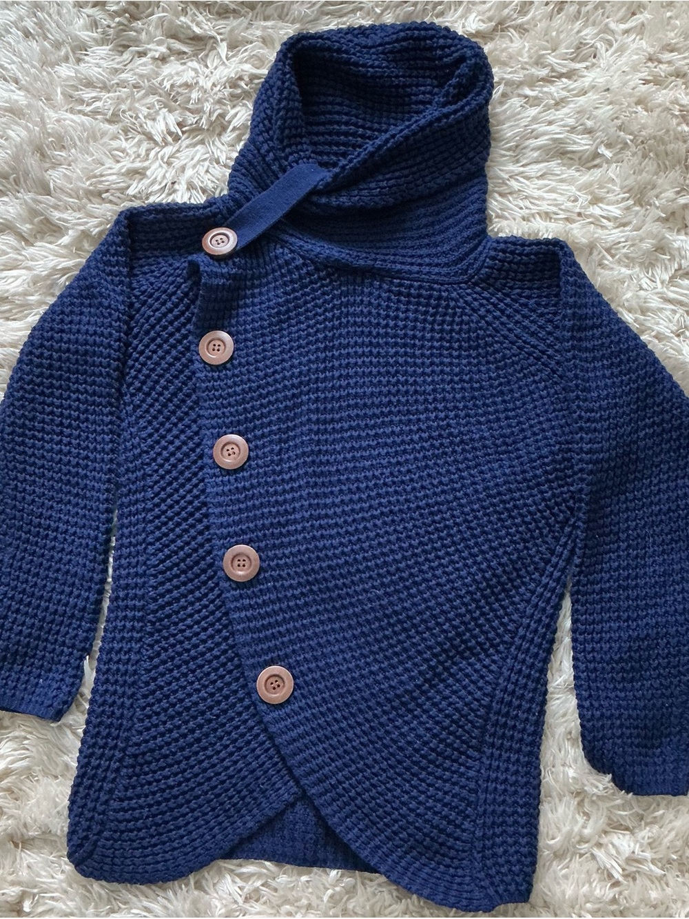 Asymmetric Button Navy Knit Hoodie Cardigan